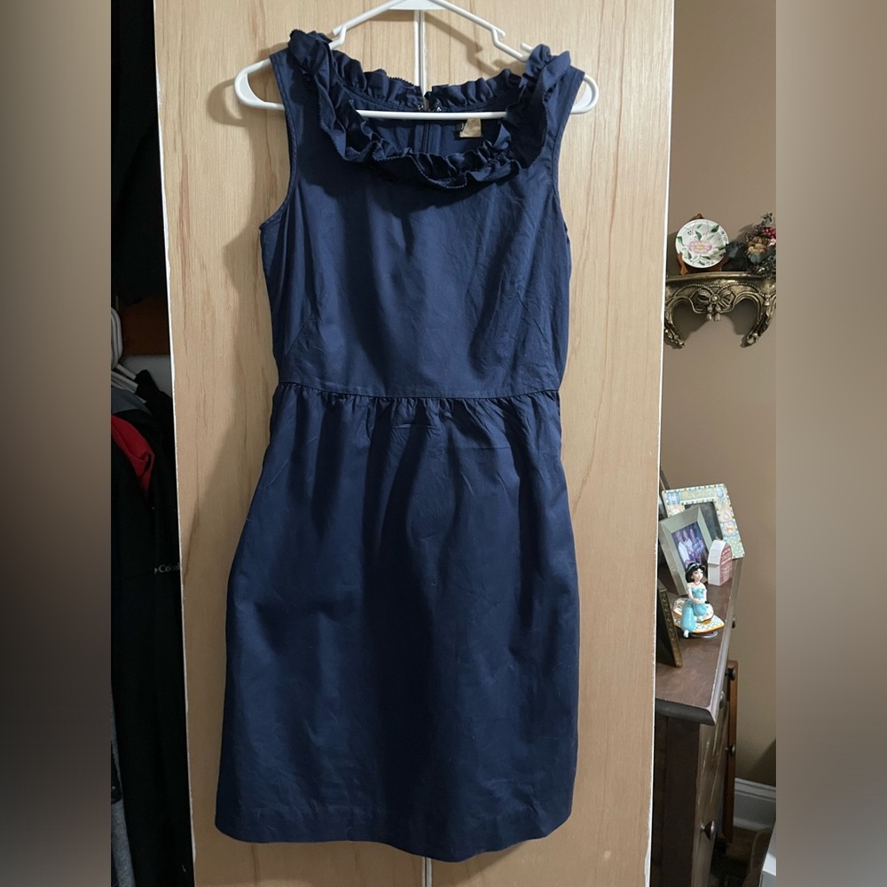 J Crew Navy Ruffle Neck Sleeveless Sheath Dress Size 0 Knee Length Cotton Pocket